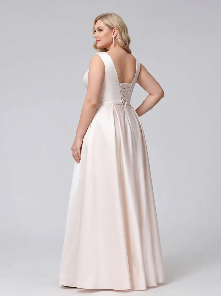 A-Line V-Neck Sleeveless Floor-Length Satin Plus Size Bridesmaid Dresses With Pockets - Image 2