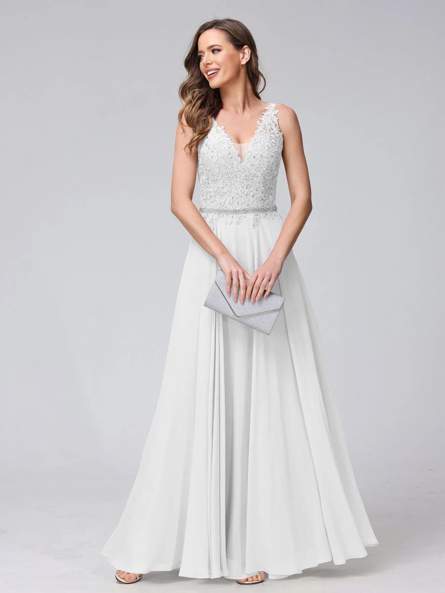A-Line V-Neck Sleeveless Long Chiffon Dresses with Lace Appliques & Rhinestones - Image 20