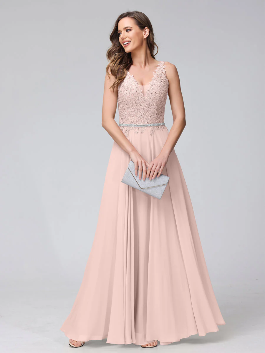 A-Line V-Neck Sleeveless Long Chiffon Dresses with Lace Appliques & Rhinestones - Image 26