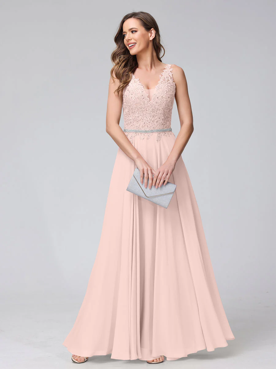 A-Line V-Neck Sleeveless Long Chiffon Dresses with Lace Appliques & Rhinestones - Image 27
