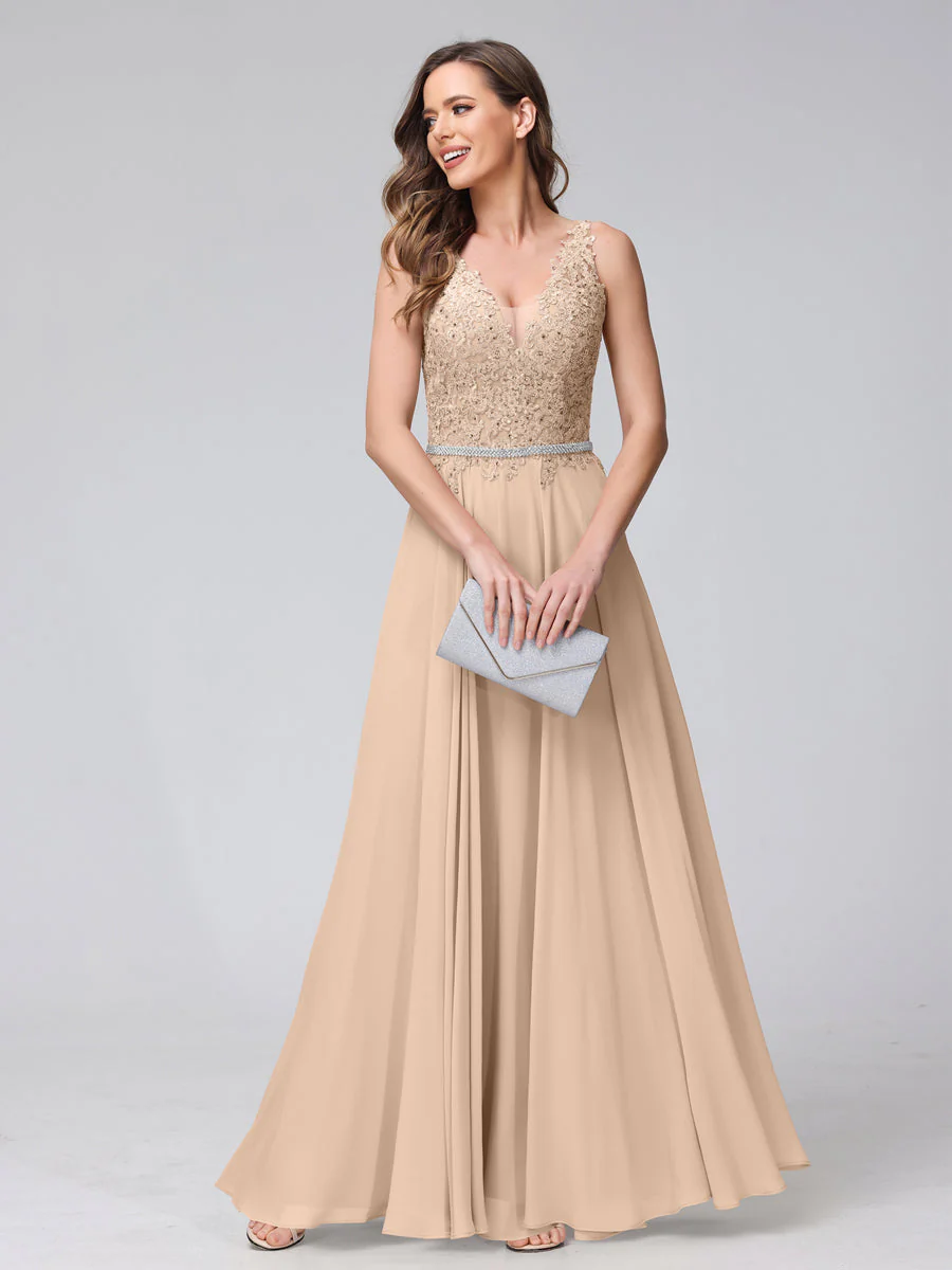 A-Line V-Neck Sleeveless Long Chiffon Dresses with Lace Appliques & Rhinestones - Image 29