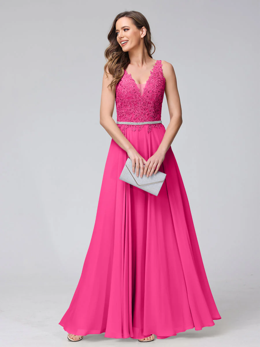 A-Line V-Neck Sleeveless Long Chiffon Dresses with Lace Appliques & Rhinestones - Image 33