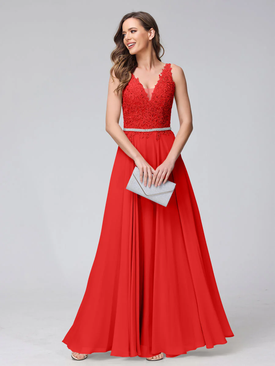 A-Line V-Neck Sleeveless Long Chiffon Dresses with Lace Appliques & Rhinestones - Image 36