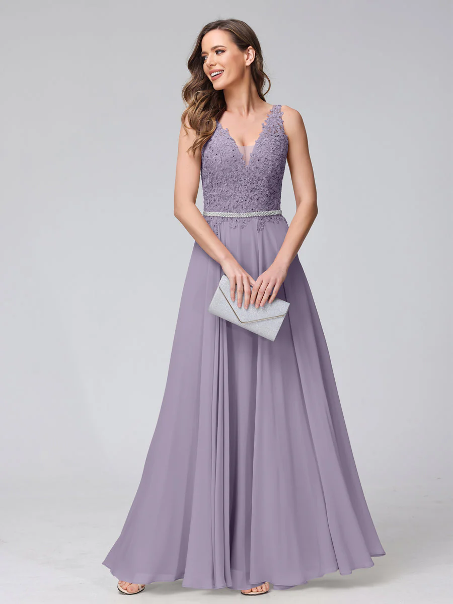 A-Line V-Neck Sleeveless Long Chiffon Dresses with Lace Appliques & Rhinestones - Image 39