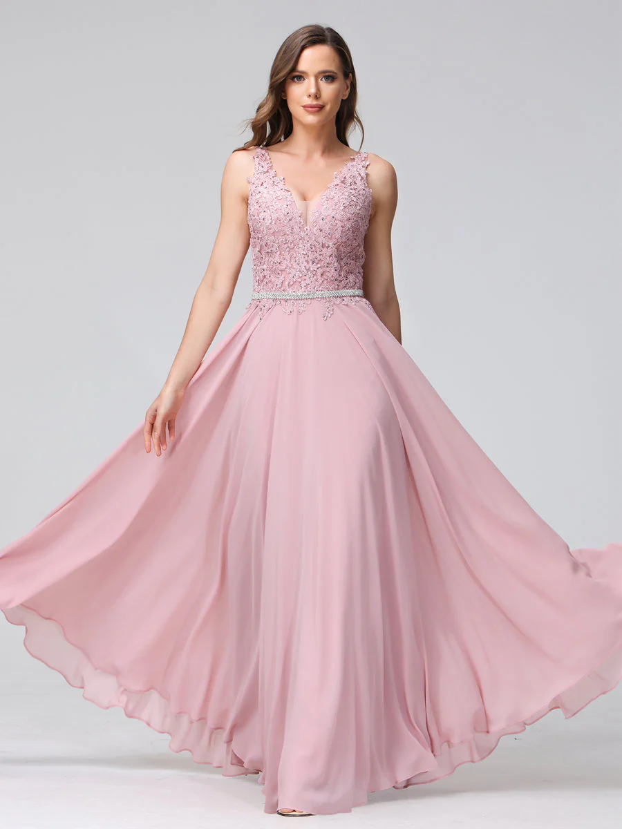 A-Line V-Neck Sleeveless Long Chiffon Dresses with Lace Appliques & Rhinestones - Image 4