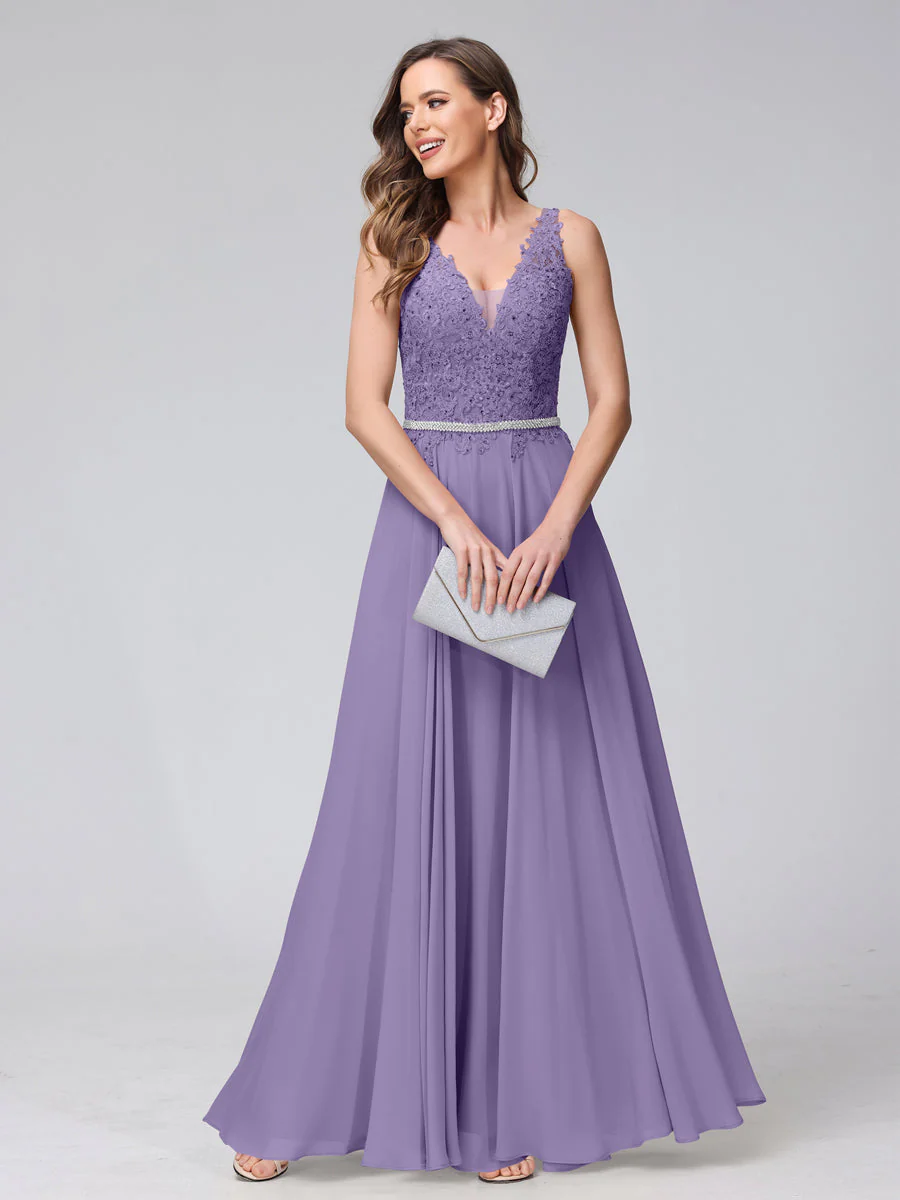 A-Line V-Neck Sleeveless Long Chiffon Dresses with Lace Appliques & Rhinestones - Image 41