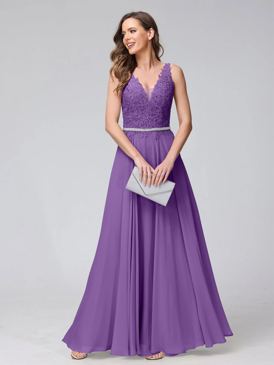 A-Line V-Neck Sleeveless Long Chiffon Dresses with Lace Appliques & Rhinestones - Image 42