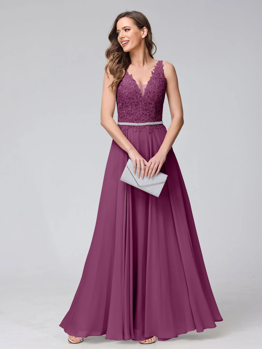 A-Line V-Neck Sleeveless Long Chiffon Dresses with Lace Appliques & Rhinestones - Image 44