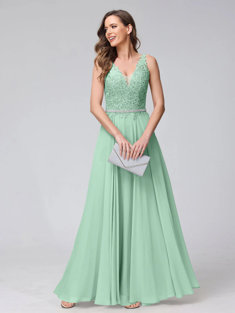 A-Line V-Neck Sleeveless Long Chiffon Dresses with Lace Appliques & Rhinestones - Image 61
