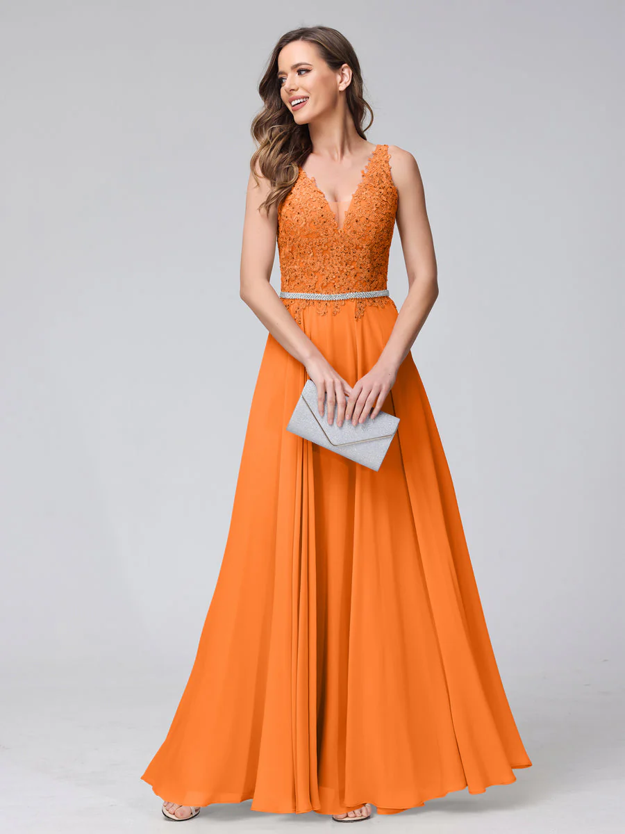 A-Line V-Neck Sleeveless Long Chiffon Dresses with Lace Appliques & Rhinestones - Image 72