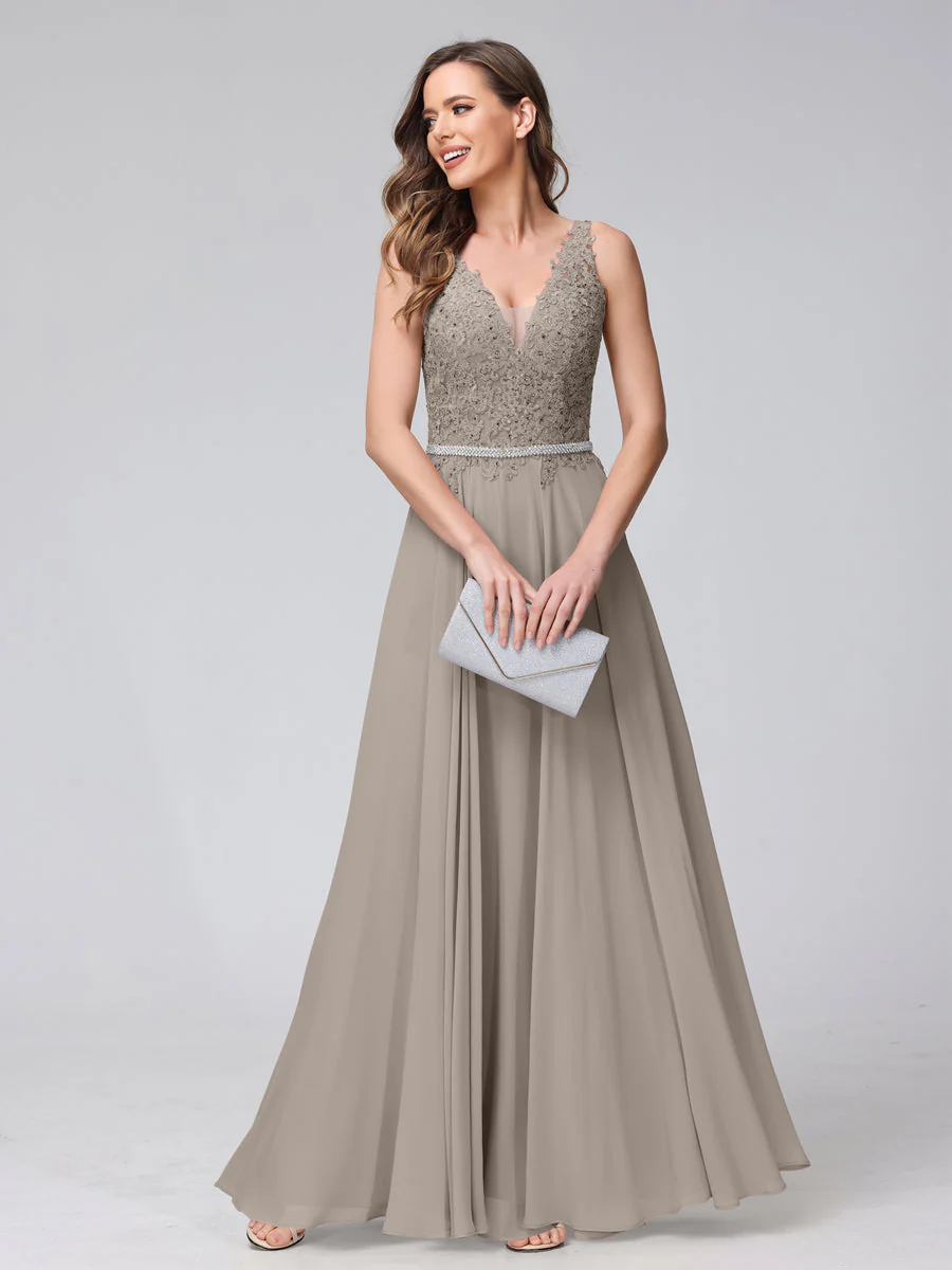 A-Line V-Neck Sleeveless Long Chiffon Dresses with Lace Appliques & Rhinestones - Image 73