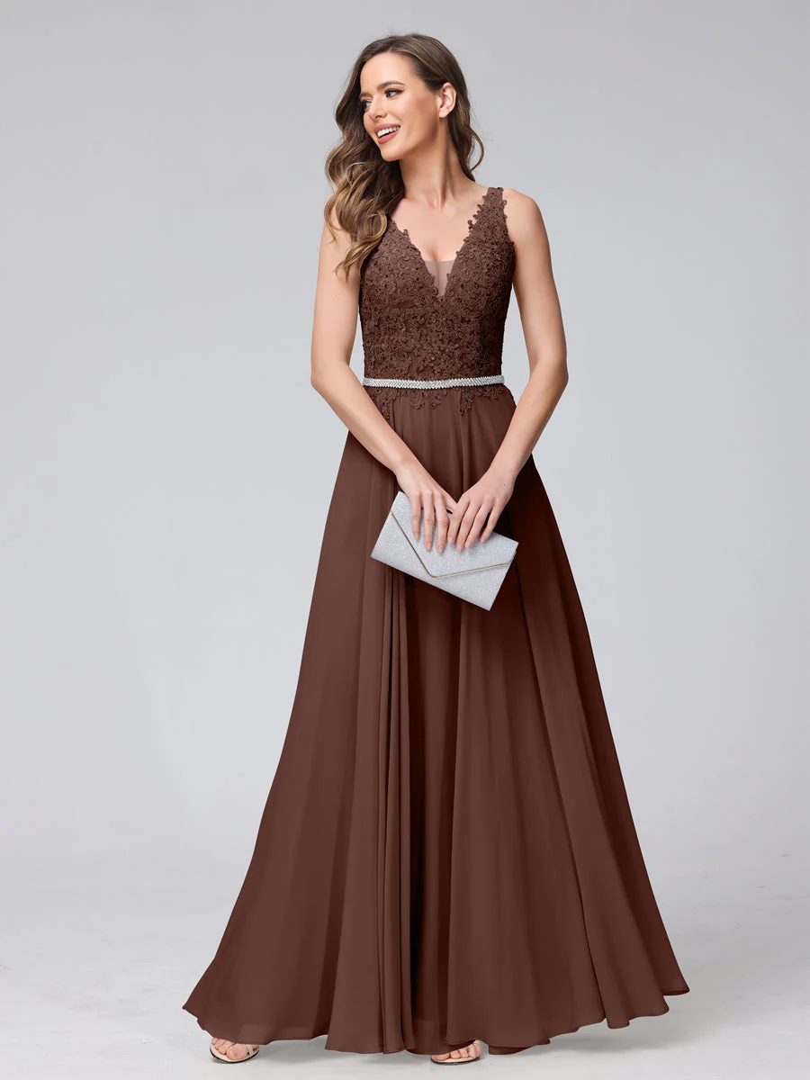 A-Line V-Neck Sleeveless Long Chiffon Dresses with Lace Appliques & Rhinestones - Image 76