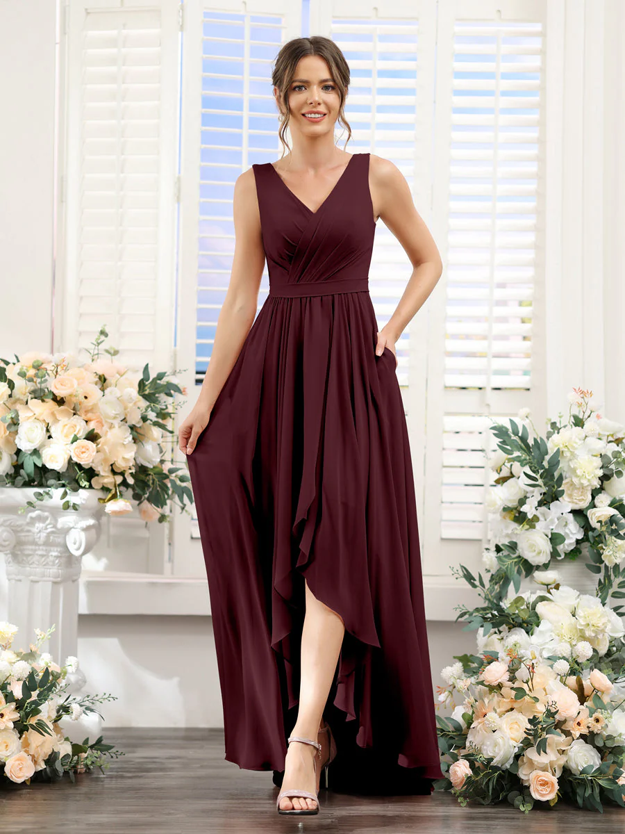 A-Line V-Neck Sleeveless Ruched Asymmetrical Chiffon Bridesmaid Dresses - Image 12