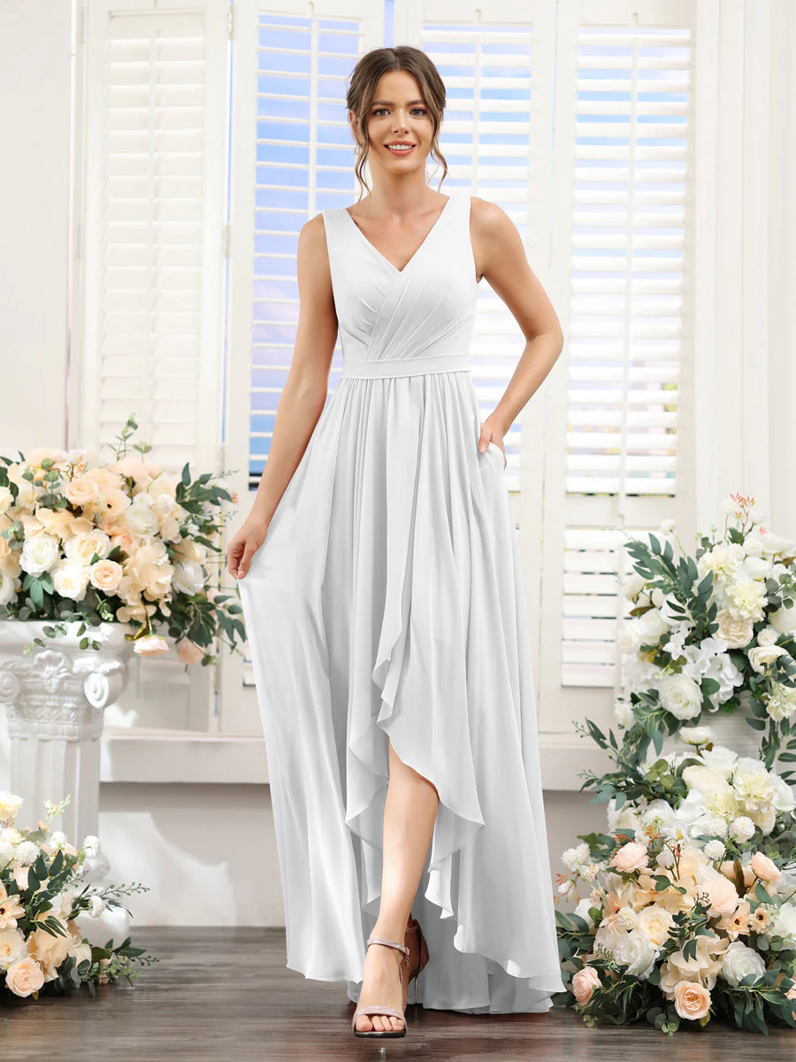 A-Line V-Neck Sleeveless Ruched Asymmetrical Chiffon Bridesmaid Dresses - Image 20