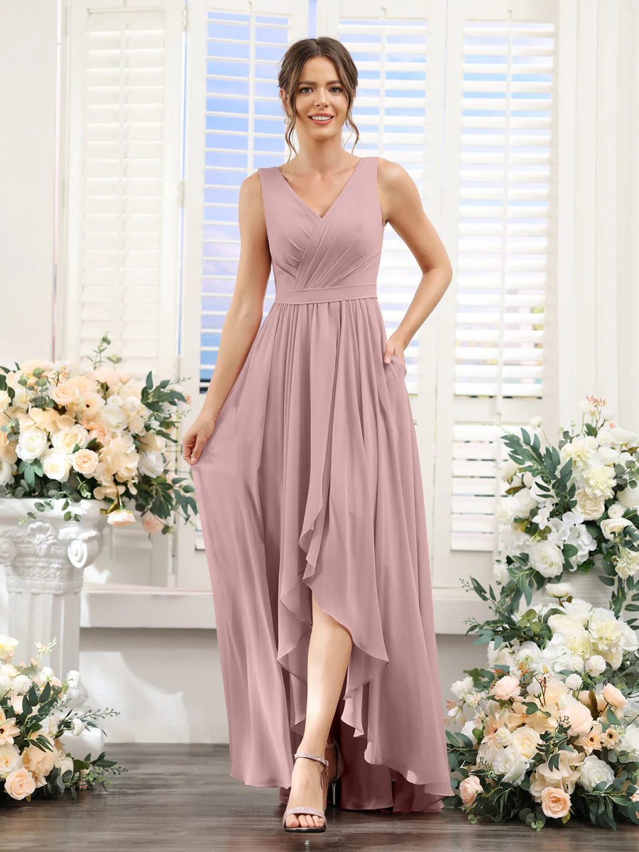A-Line V-Neck Sleeveless Ruched Asymmetrical Chiffon Bridesmaid Dresses - Image 30