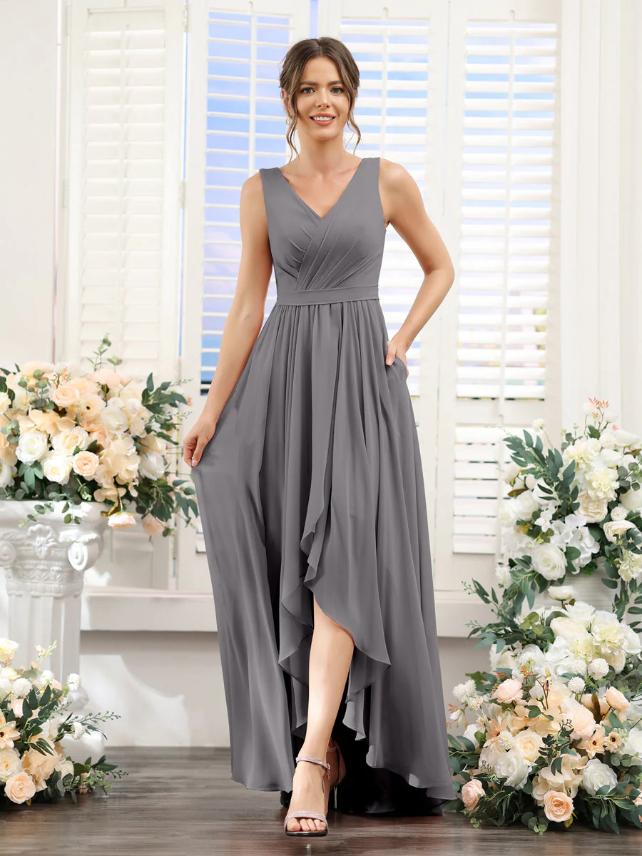 A-Line V-Neck Sleeveless Ruched Asymmetrical Chiffon Bridesmaid Dresses - Image 74