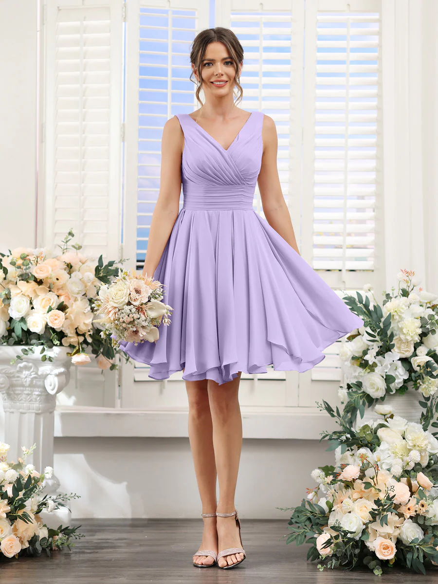 A-Line V-Neck Sleeveless Ruched Chiffon Short Bridesmaid Dresses - Image 13