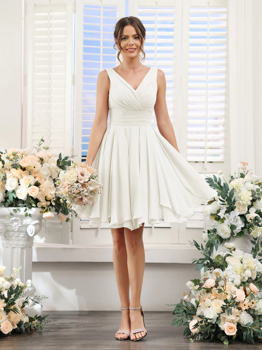 A-Line V-Neck Sleeveless Ruched Chiffon Short Bridesmaid Dresses - Image 20