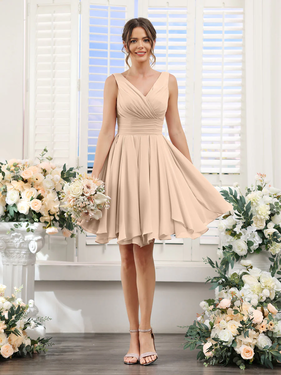 A-Line V-Neck Sleeveless Ruched Chiffon Short Bridesmaid Dresses - Image 28
