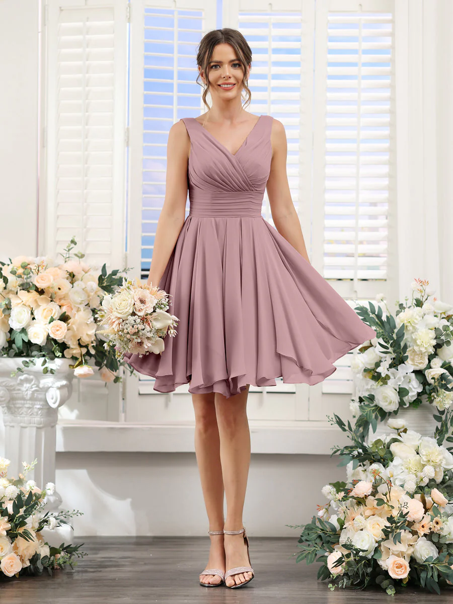 A-Line V-Neck Sleeveless Ruched Chiffon Short Bridesmaid Dresses - Image 30