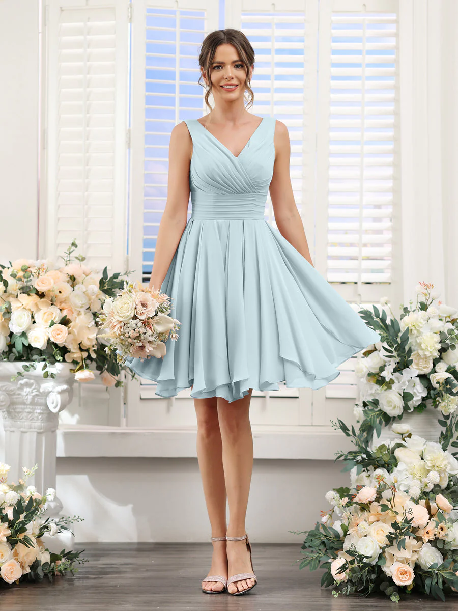 A-Line V-Neck Sleeveless Ruched Chiffon Short Bridesmaid Dresses - Image 46