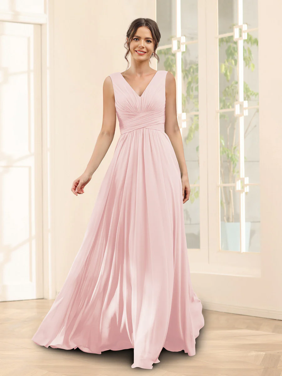 A-Line V-Neck Sleeveless Chiffon Bridesmaid Dresses With Pockets - Image 22