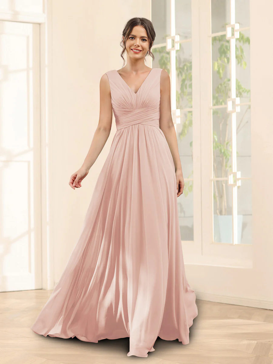 A-Line V-Neck Sleeveless Chiffon Bridesmaid Dresses With Pockets - Image 23