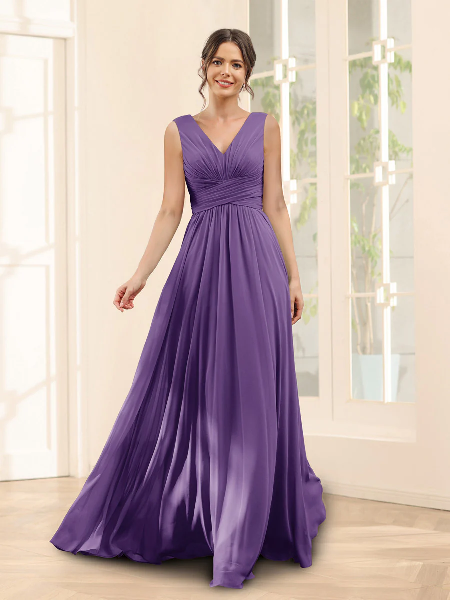 A-Line V-Neck Sleeveless Chiffon Bridesmaid Dresses With Pockets - Image 36