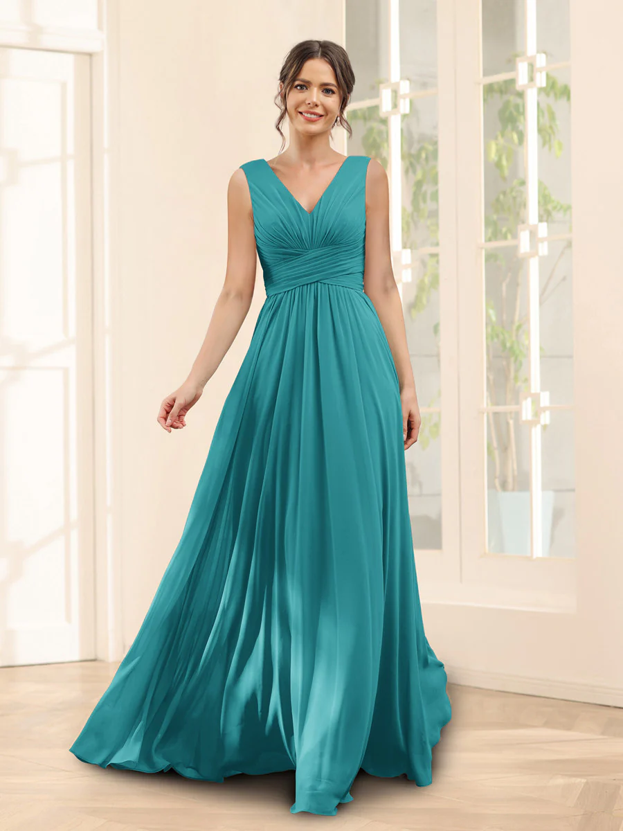 A-Line V-Neck Sleeveless Chiffon Bridesmaid Dresses With Pockets - Image 46