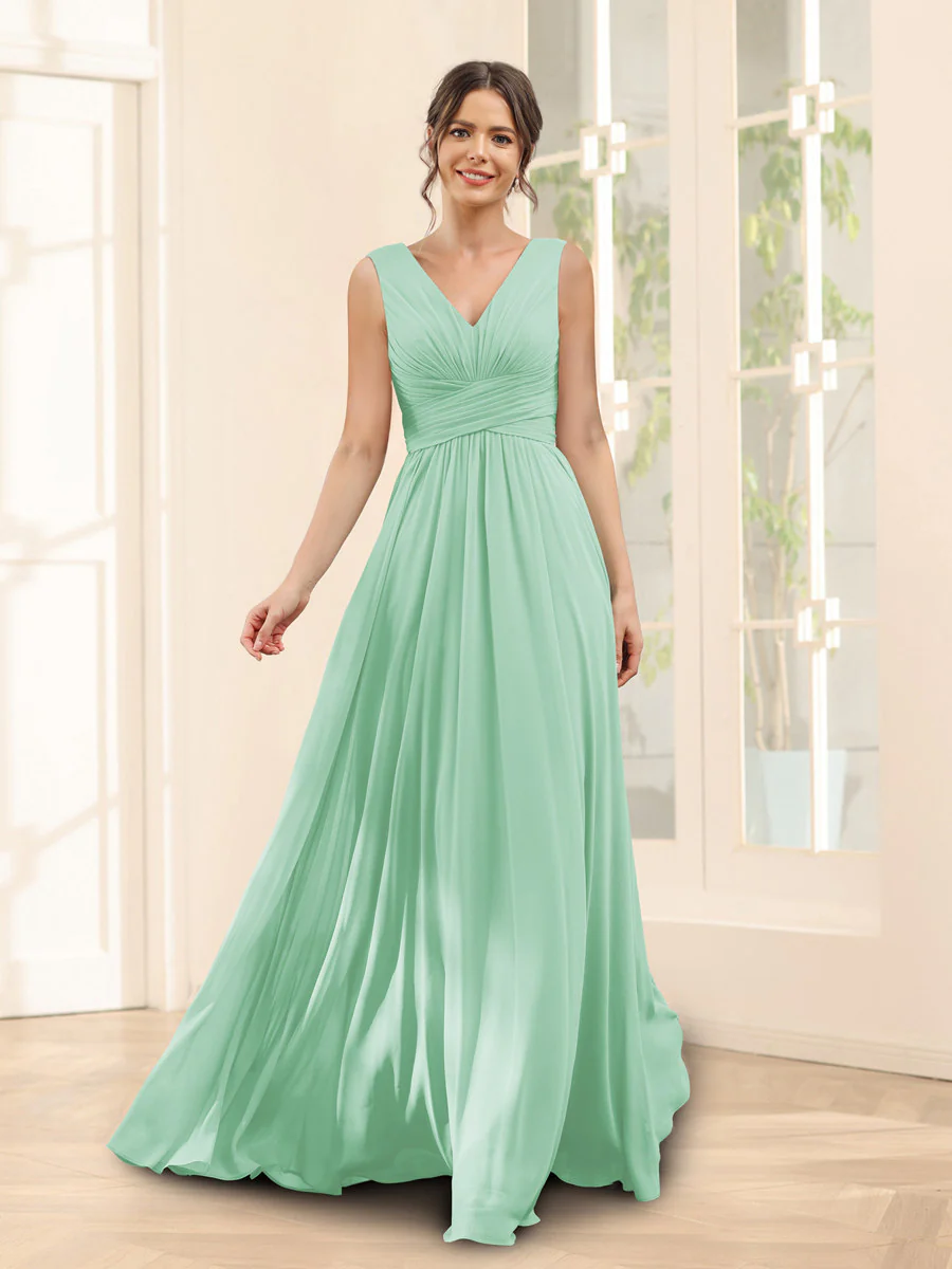 A-Line V-Neck Sleeveless Chiffon Bridesmaid Dresses With Pockets - Image 55
