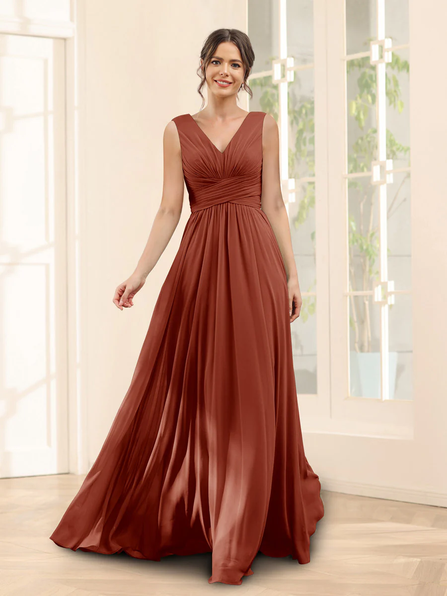 A-Line V-Neck Sleeveless Chiffon Bridesmaid Dresses With Pockets - Image 8