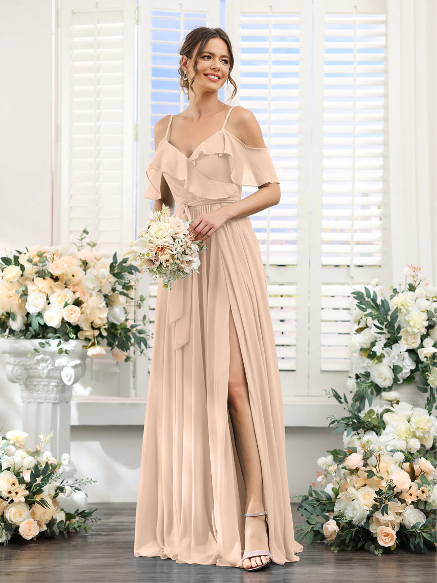 A-Line V-Neck Spaghetti Straps Chiffon Bridesmaid Dresses with Pockets - Image 29