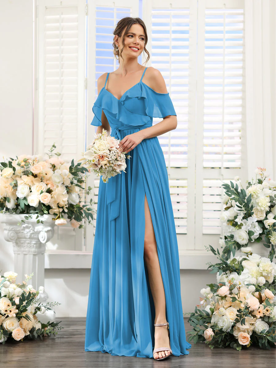 A-Line V-Neck Spaghetti Straps Chiffon Bridesmaid Dresses with Pockets - Image 53