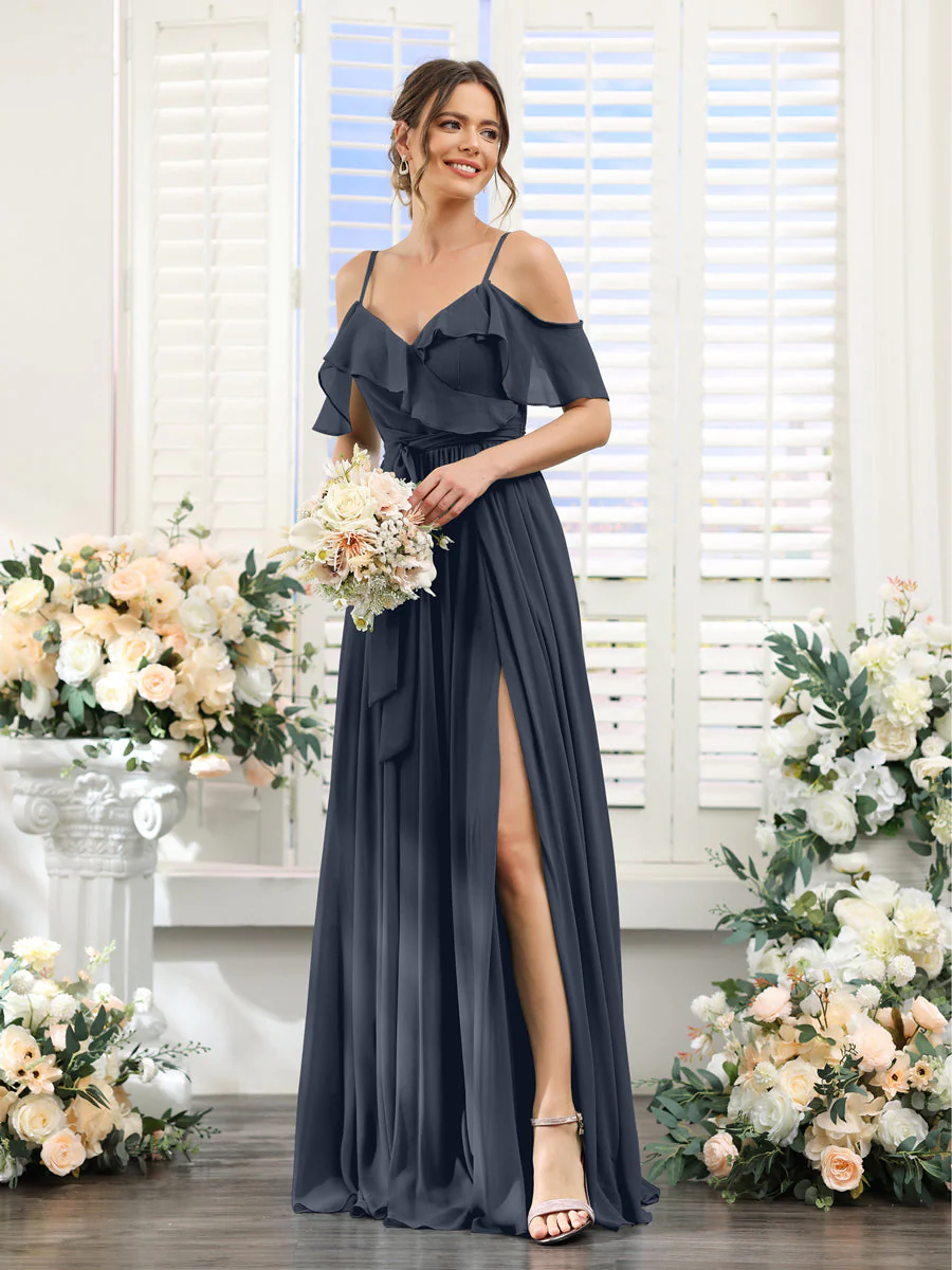 A-Line V-Neck Spaghetti Straps Chiffon Bridesmaid Dresses with Pockets - Image 59