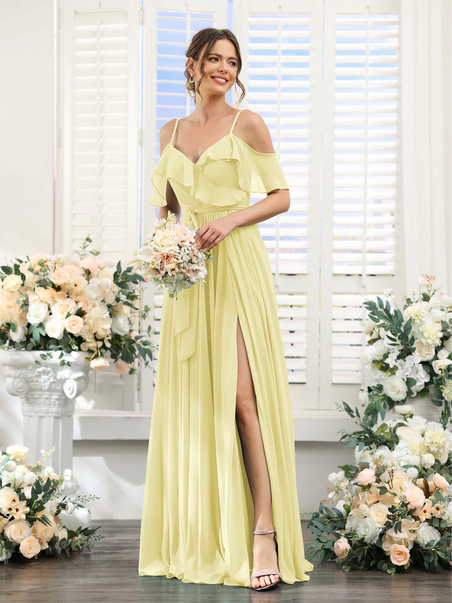 A-Line V-Neck Spaghetti Straps Chiffon Bridesmaid Dresses with Pockets - Image 69