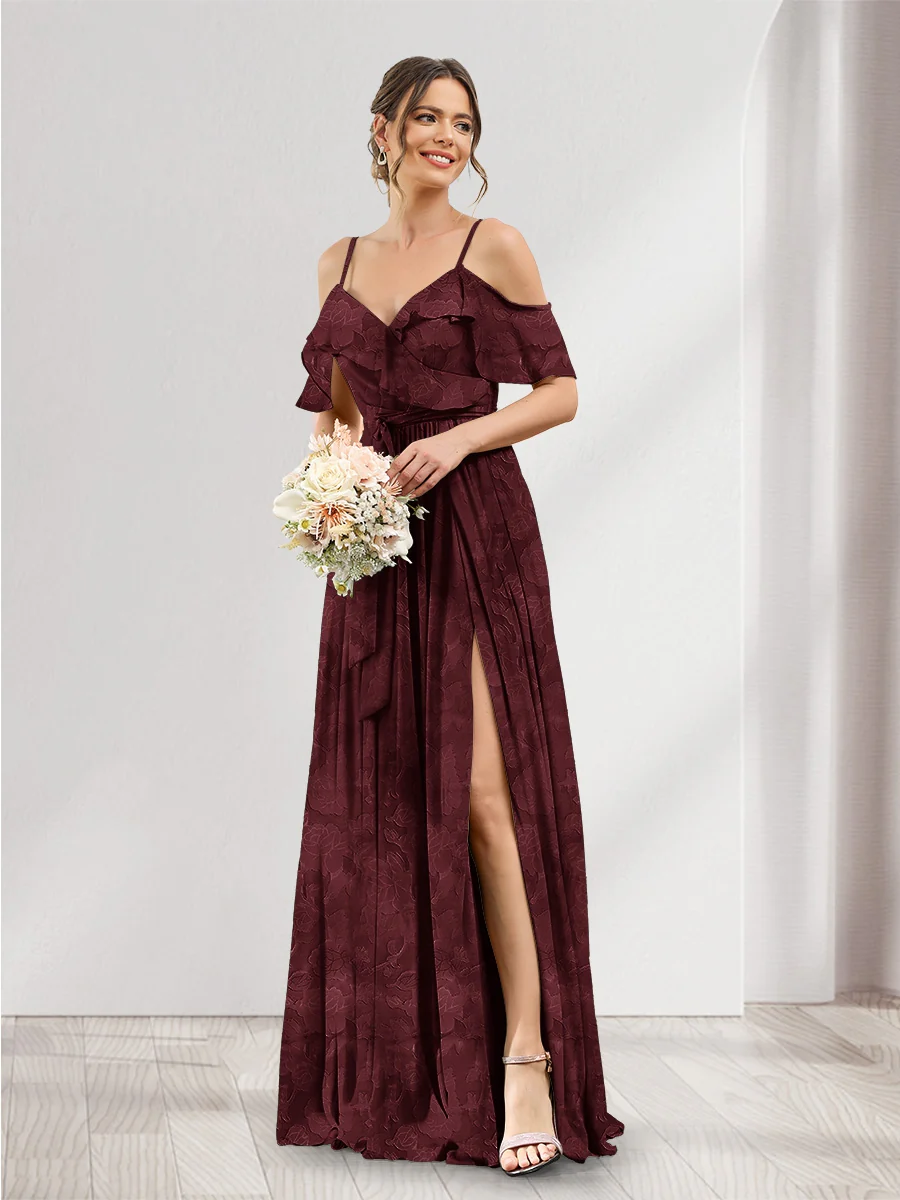 A-Line V-Neck Spaghetti Straps Floral Bridesmaid Dresses with Pockets - Image 4