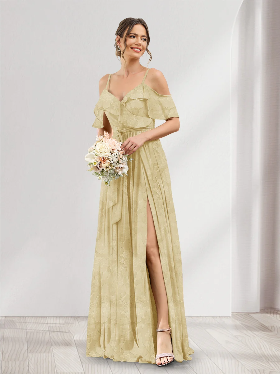 A-Line V-Neck Spaghetti Straps Floral Bridesmaid Dresses with Pockets - Image 5