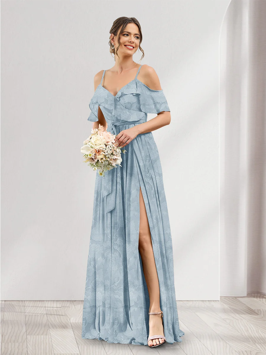 A-Line V-Neck Spaghetti Straps Floral Bridesmaid Dresses with Pockets - Image 6