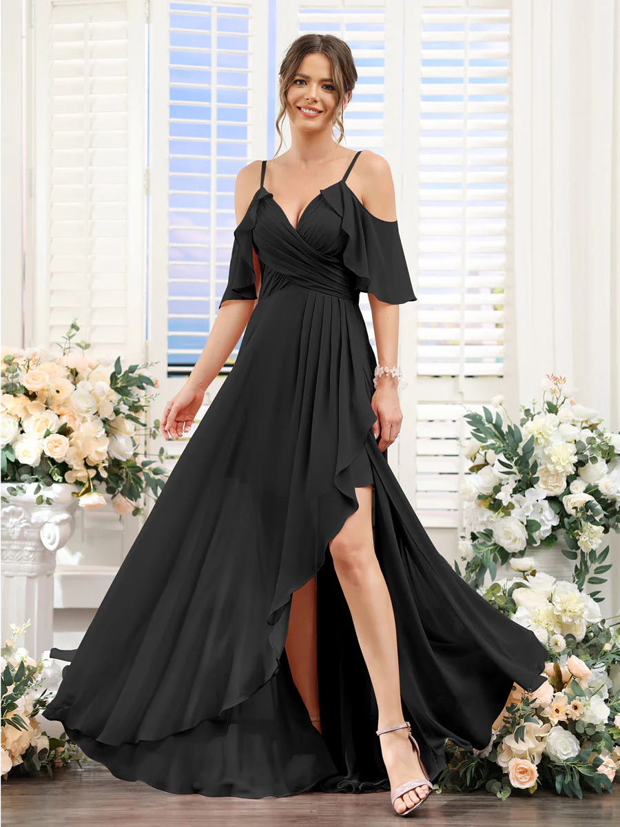 A-Line V-Neck Spaghetti Straps Short Sleeves Asymmetrical Chiffon Bridesmaid Dresses - Image 18