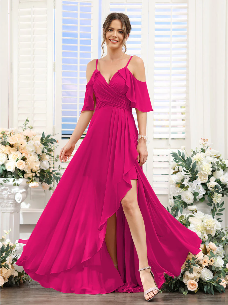 A-Line V-Neck Spaghetti Straps Short Sleeves Asymmetrical Chiffon Bridesmaid Dresses - Image 34