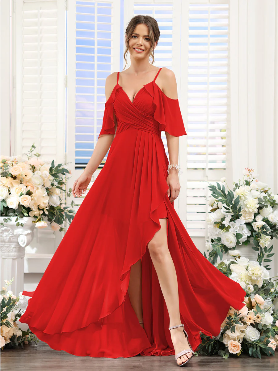 A-Line V-Neck Spaghetti Straps Short Sleeves Asymmetrical Chiffon Bridesmaid Dresses - Image 36