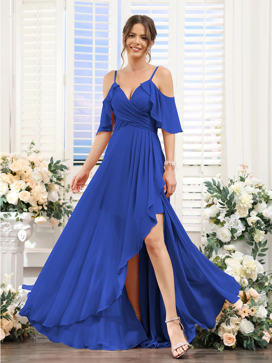 A-Line V-Neck Spaghetti Straps Short Sleeves Asymmetrical Chiffon Bridesmaid Dresses - Image 54