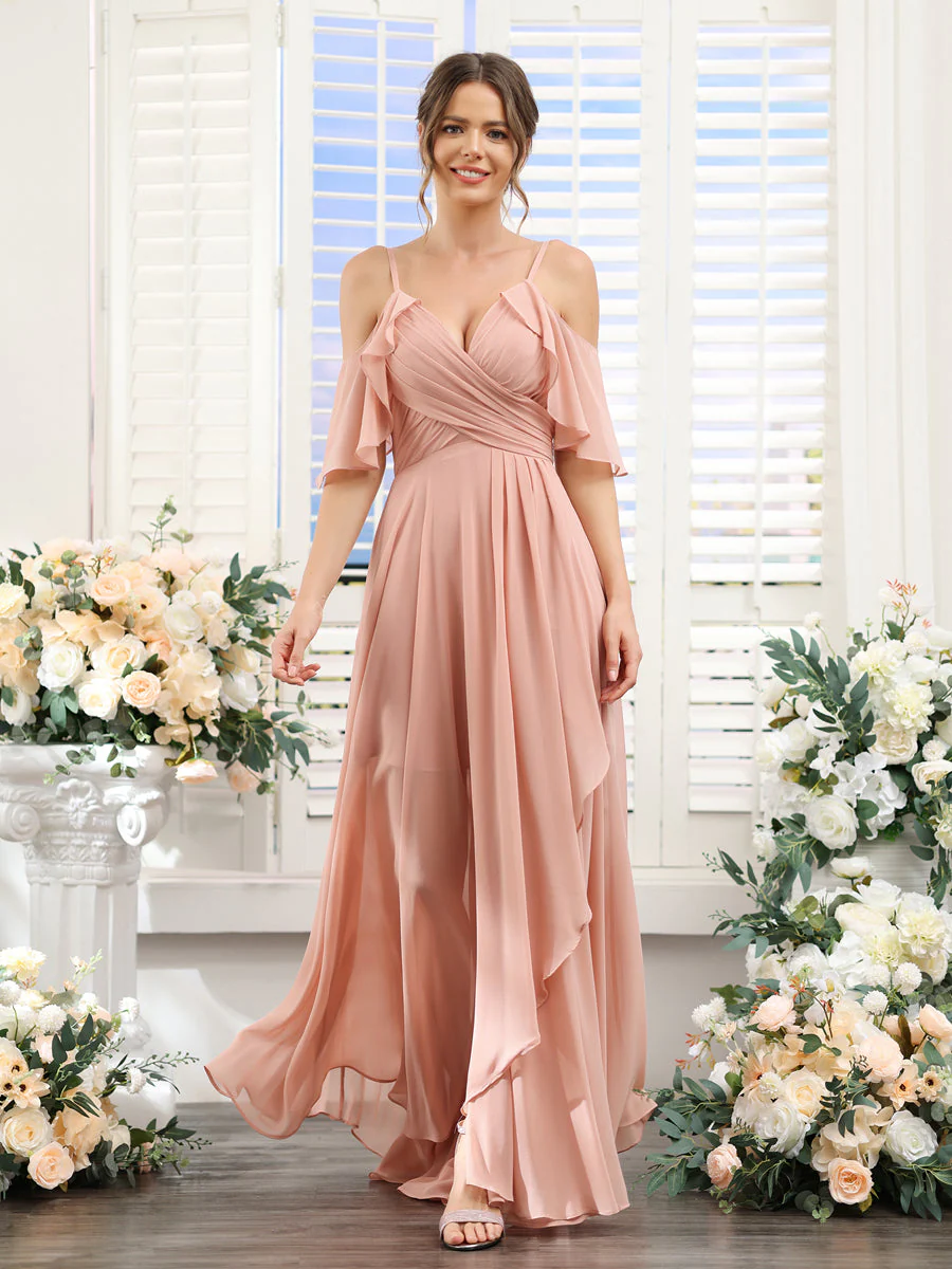 A-Line V-Neck Spaghetti Straps Short Sleeves Asymmetrical Chiffon Bridesmaid Dresses - Image 6