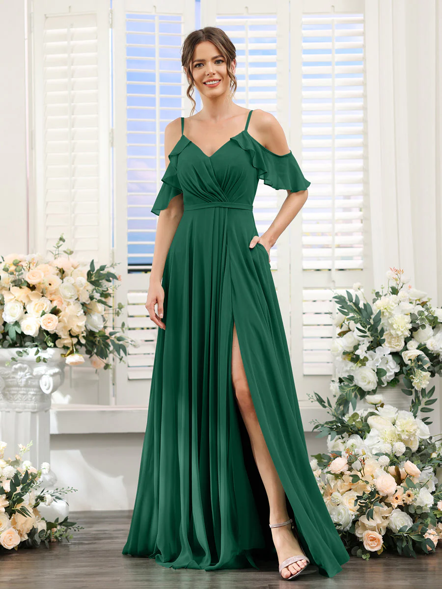 A-Line V-Neck Spaghetti Straps Short Sleeves Split Side Chiffon Bridesmaid Dresses - Image 11