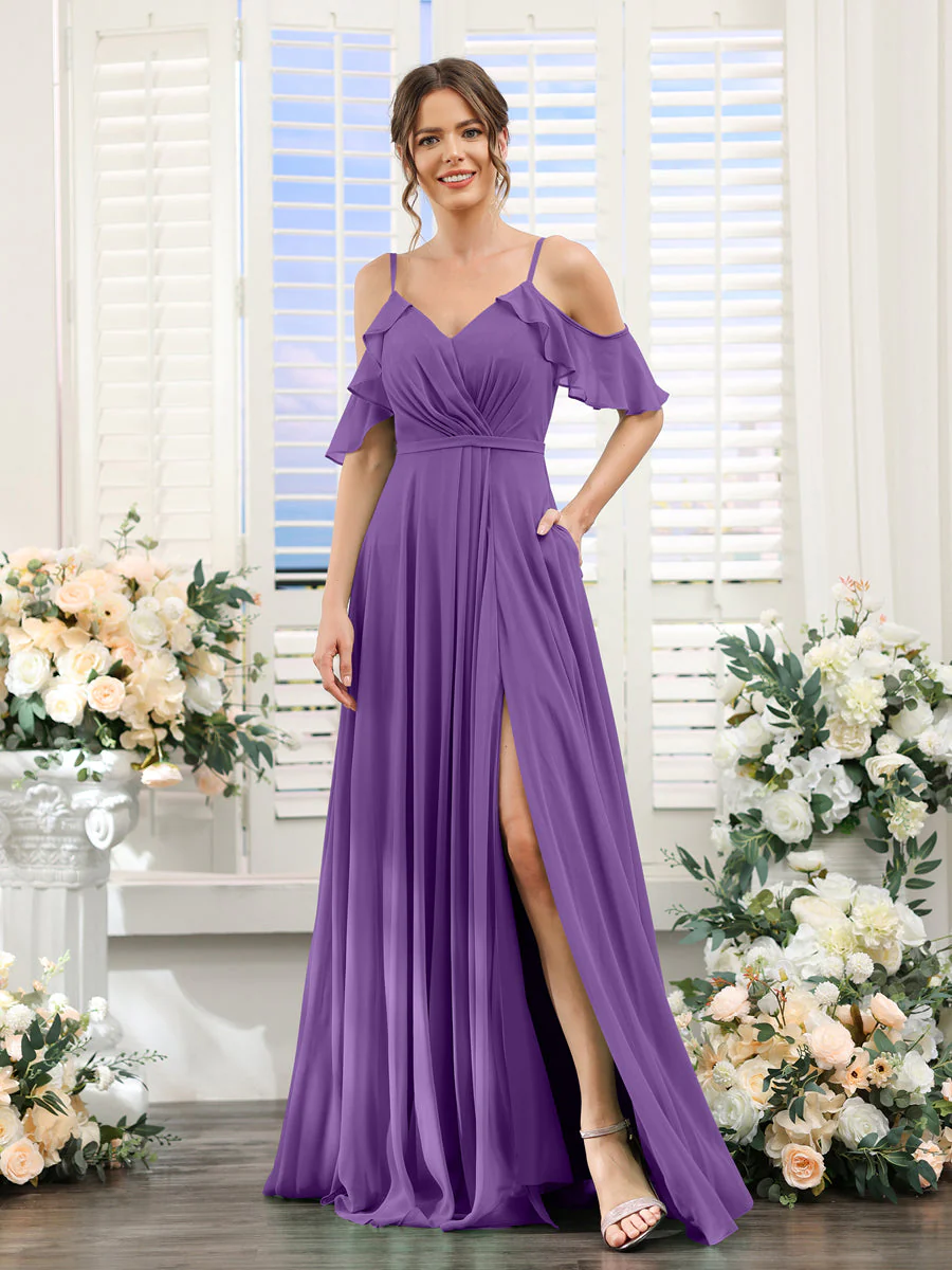 A-Line V-Neck Spaghetti Straps Short Sleeves Split Side Chiffon Bridesmaid Dresses - Image 42