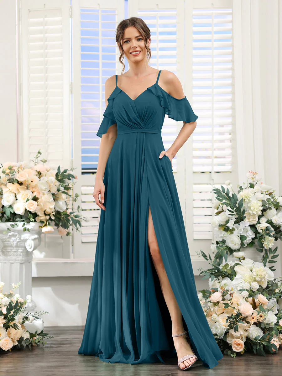 A-Line V-Neck Spaghetti Straps Short Sleeves Split Side Chiffon Bridesmaid Dresses - Image 58
