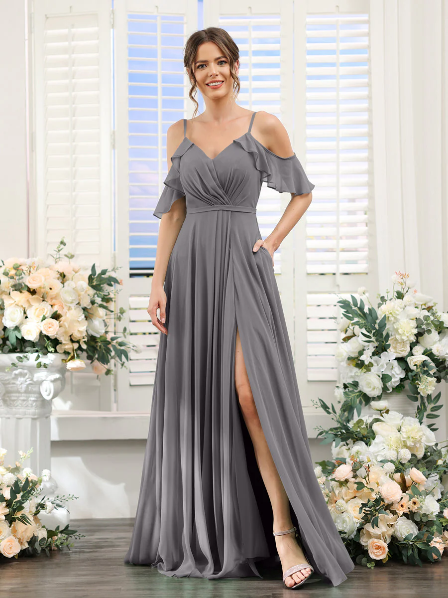 A-Line V-Neck Spaghetti Straps Short Sleeves Split Side Chiffon Bridesmaid Dresses - Image 74