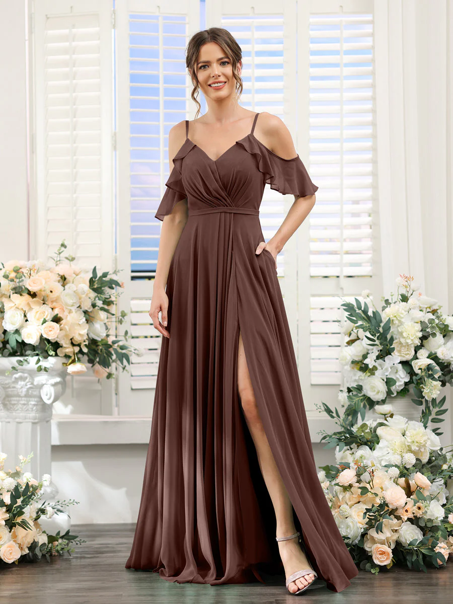 A-Line V-Neck Spaghetti Straps Short Sleeves Split Side Chiffon Bridesmaid Dresses - Image 76