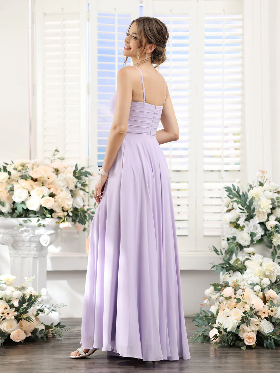 A-Line V-Neck Spaghetti Straps Sleeveless Split Side Floor-Length Chiffon Bridesmaid Dresses - Image 2