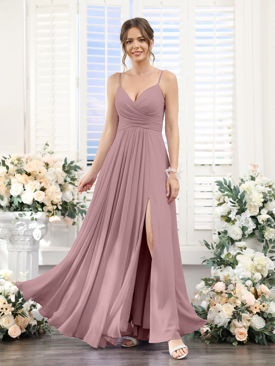 A-Line V-Neck Spaghetti Straps Sleeveless Split Side Floor-Length Chiffon Bridesmaid Dresses - Image 30